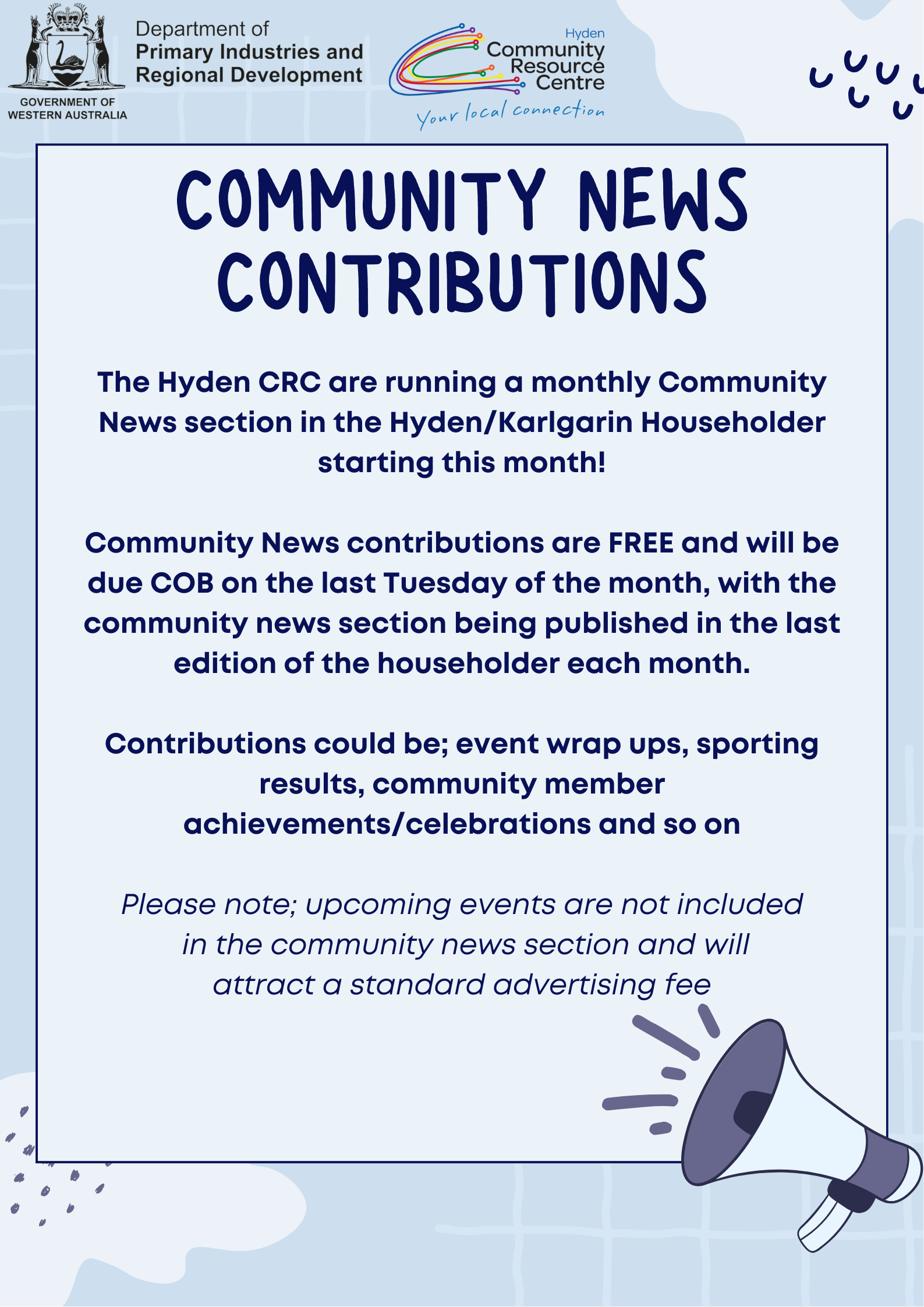 COMMUNITY NEWS CONTRIBUTIONS (12 x 9 cm)